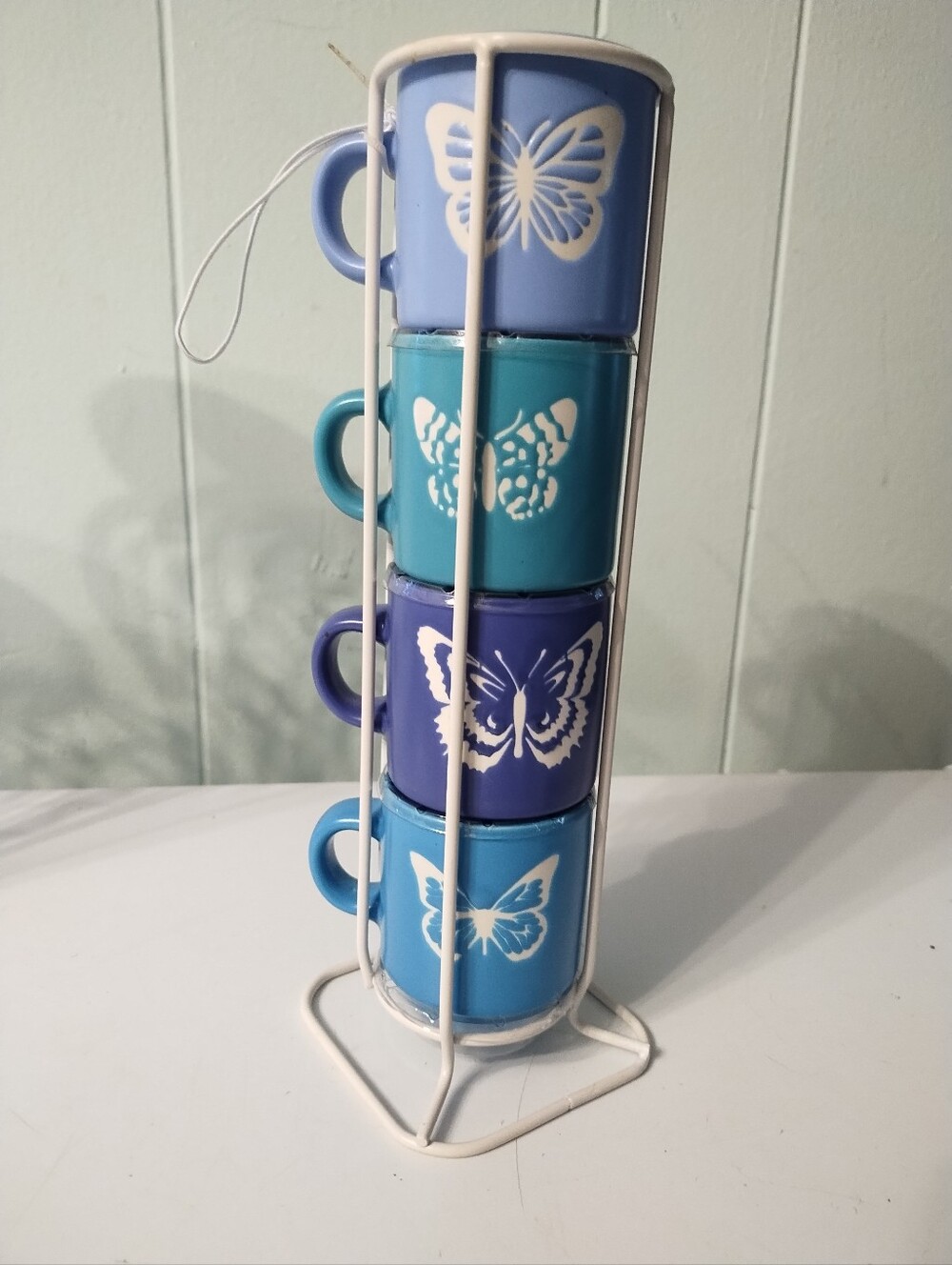 New Vintage Stackable Butterfly Ceramic Espresso/Tea Mug Set with Rack